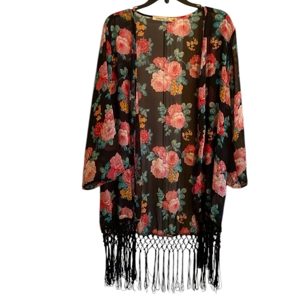 Liberty Love Women’s Black Floral Open Boho Fringe Duster Size Medium